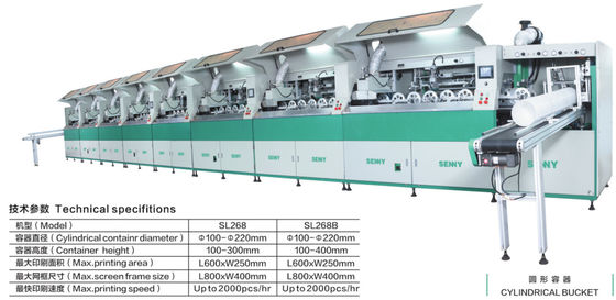 600*250mm 2000pcs/Hr آلة طباعة الشاشة متعددة الألوان للدلو الأسطواني