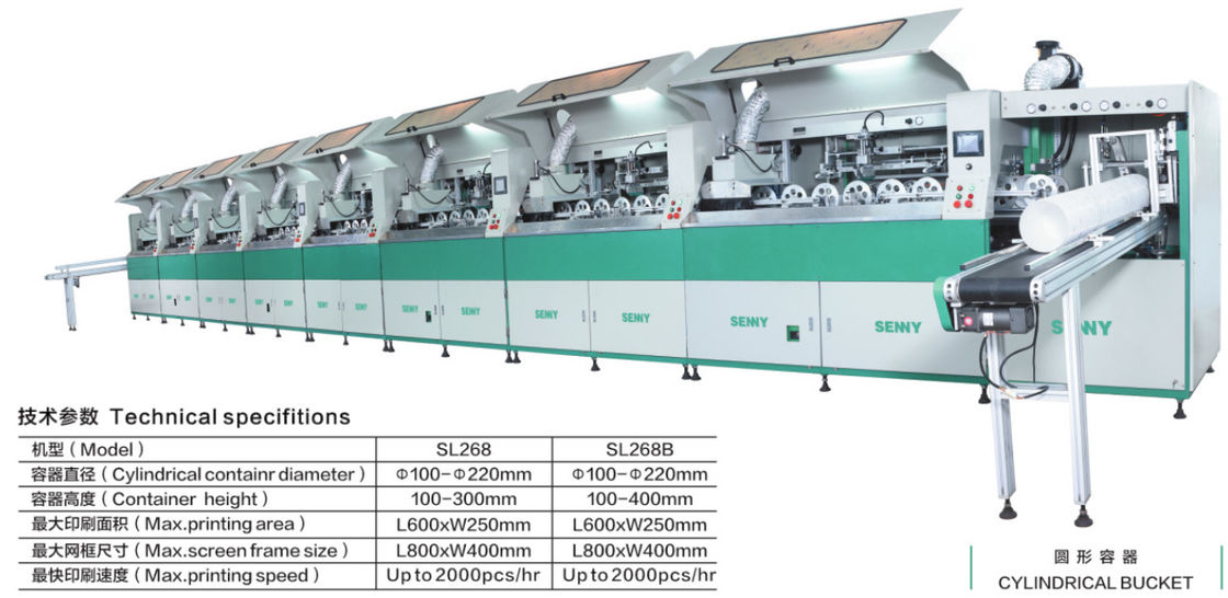 600*250mm 2000pcs/Hr آلة طباعة الشاشة متعددة الألوان للدلو الأسطواني